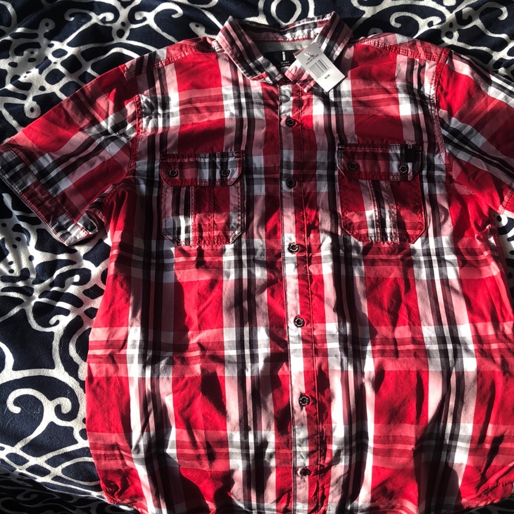Red, white and blue plaid short sleeve shirt
